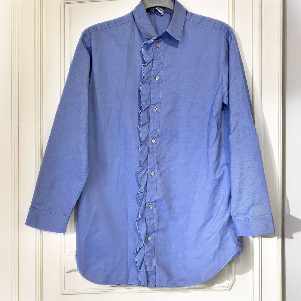 RED Valentino Ruffle Trim Button Down Shirt Blue Cotton IT40 US 4 Small